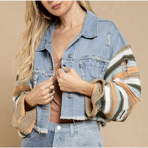 POL Denim Jacket Crochet Sleeves Distressed Shacket Women’s 2XL
